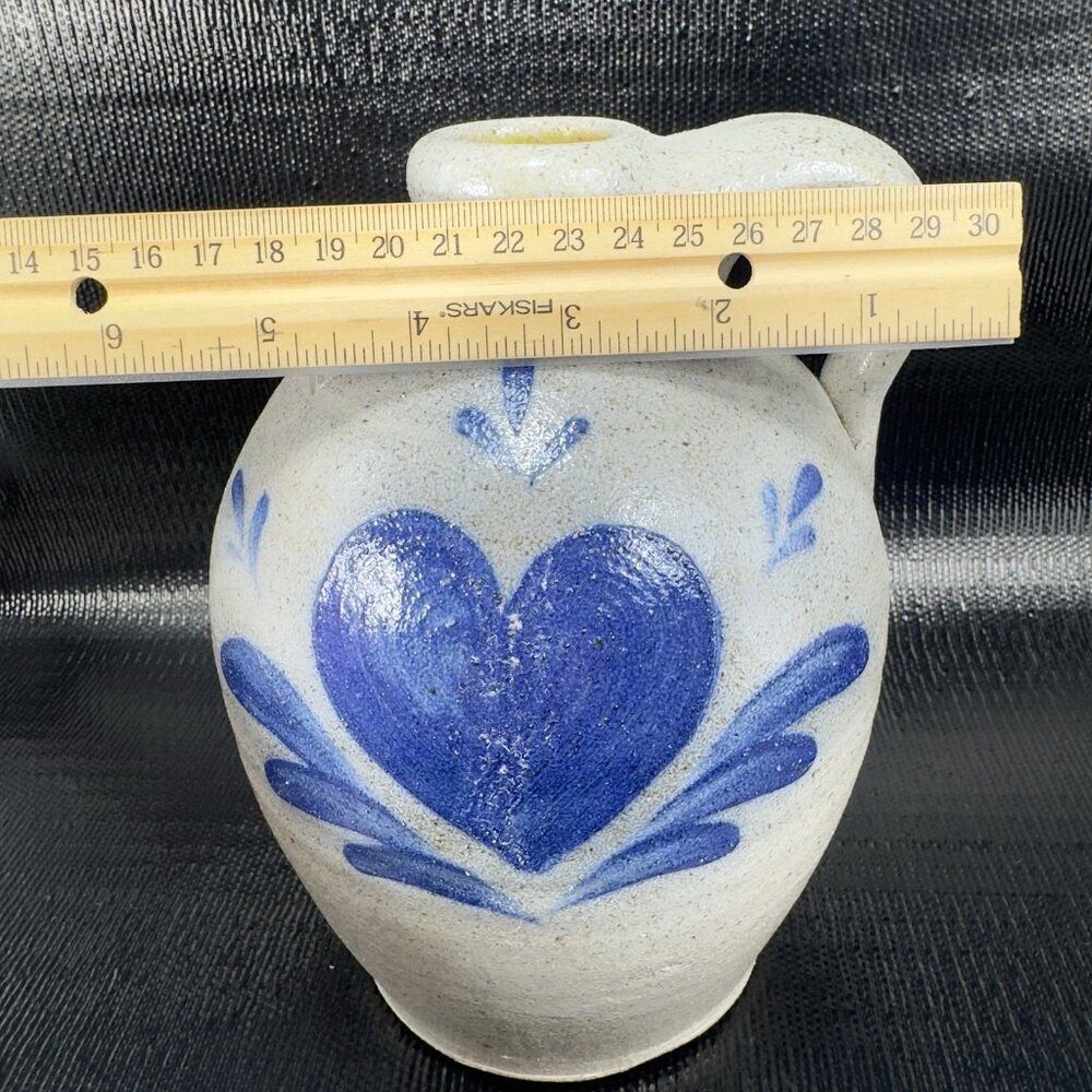 1994 Rowe Pottery Works Salt Glazed Gray Blue Heart Jug Carafe Container Marked - Picture 3 of 16